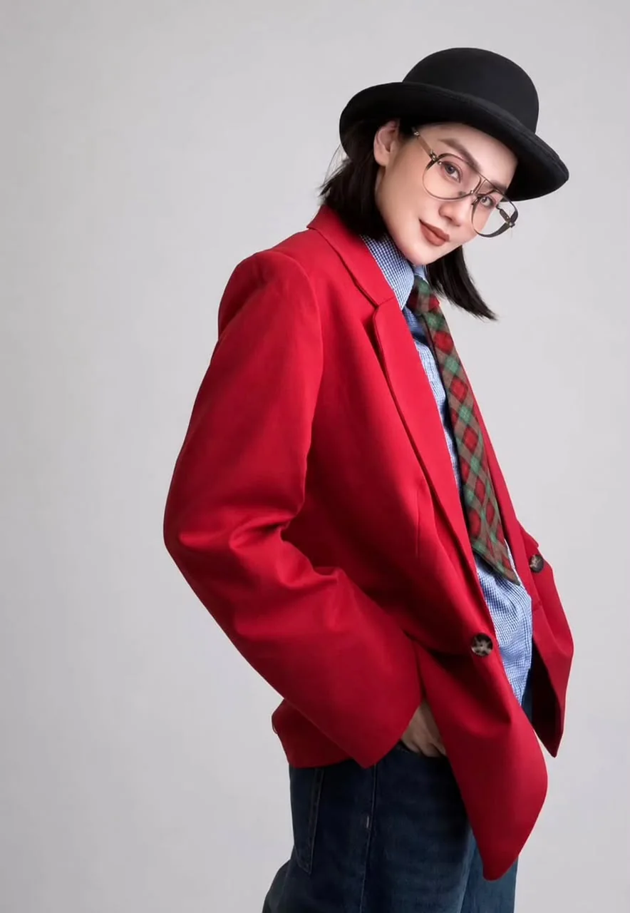 Studio portrait: a model in a bowler hat, round glasses, blazer and tie